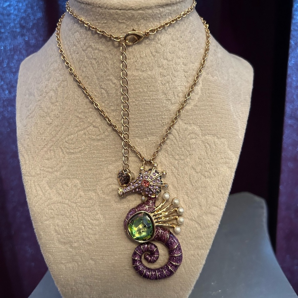 Betsey Johnson Gold and Purple Rhinestone and glitter Seahorse Necklace